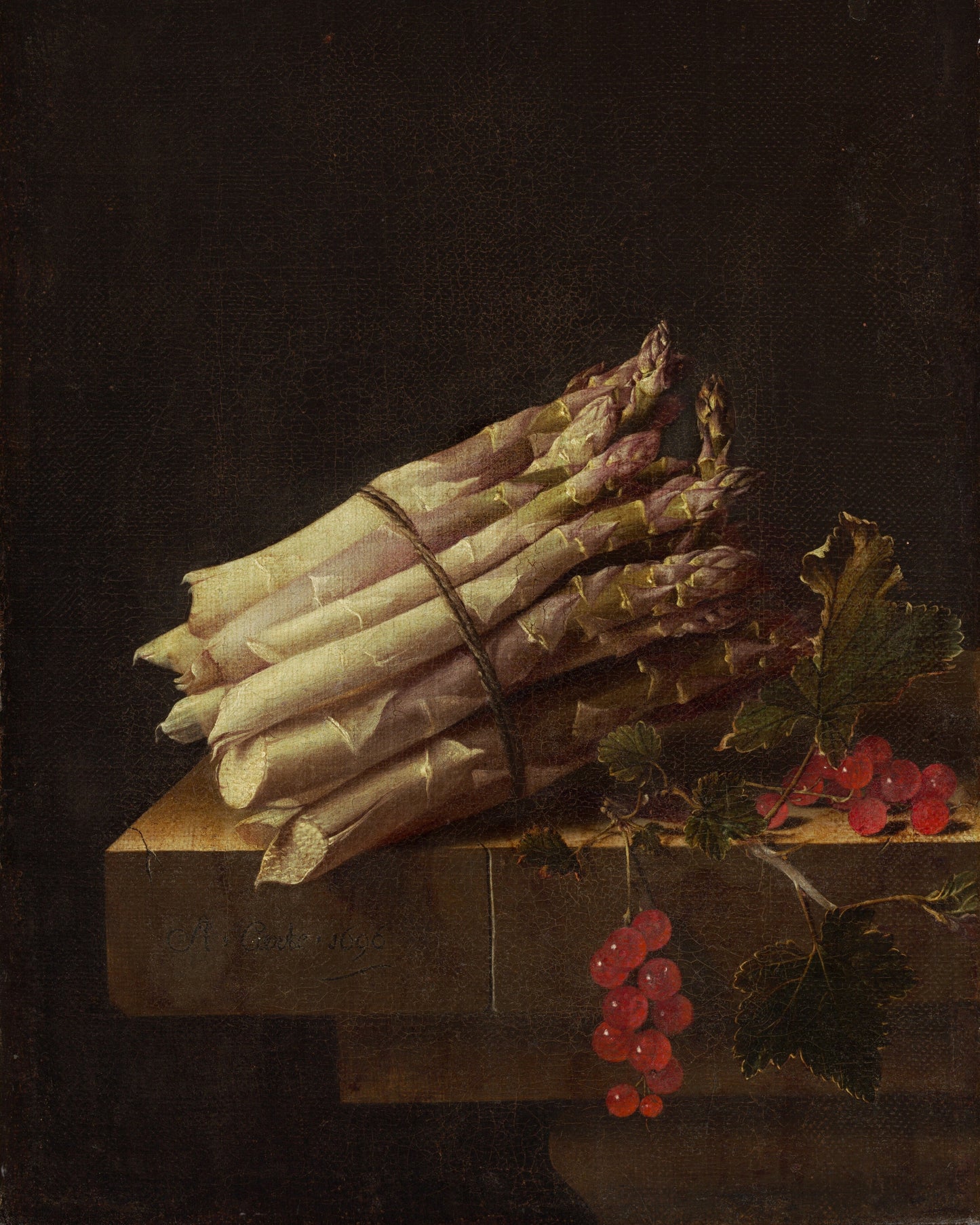 Still life painting of asparagus and red berries on a dark background