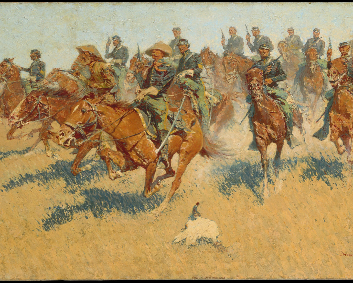 Painting of cowboys on horseback in a desert landscape