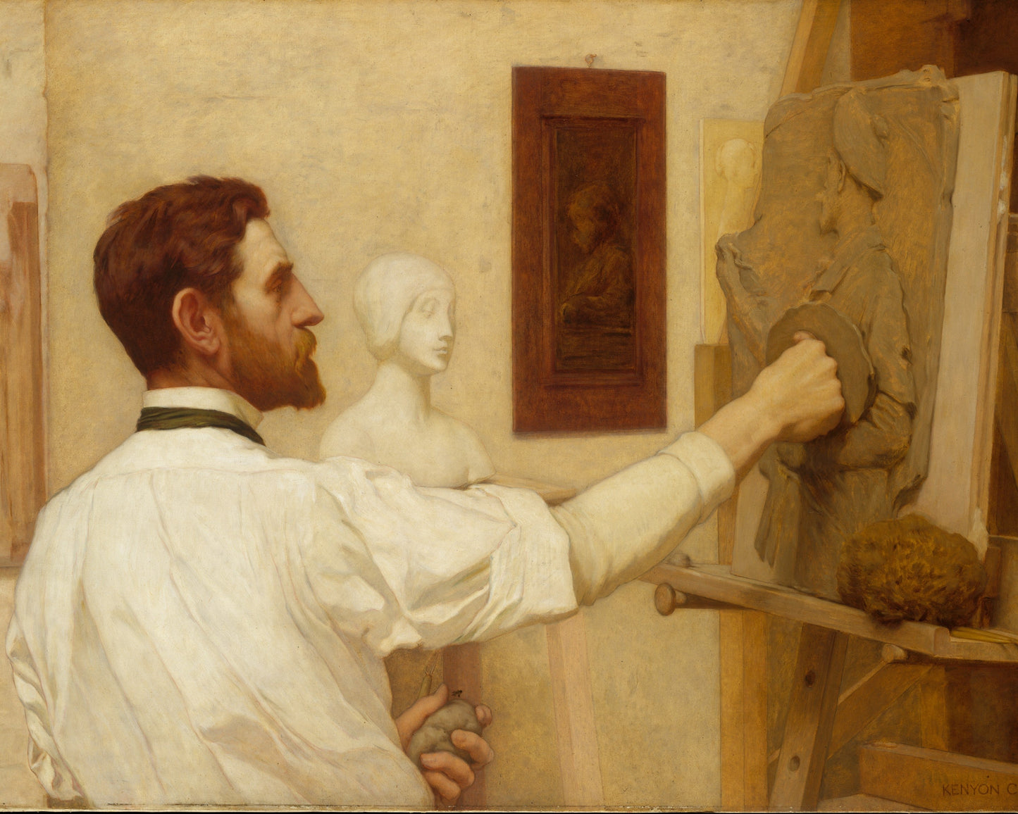 Painting of a man working on a sculpture in a studio setting.