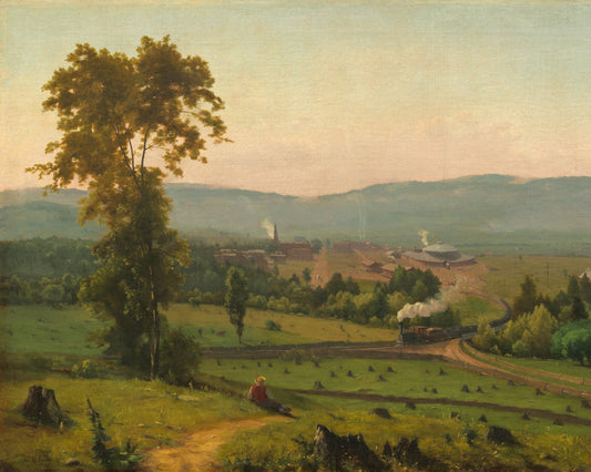 Landscape painting of a rural scene with a train and distant town.