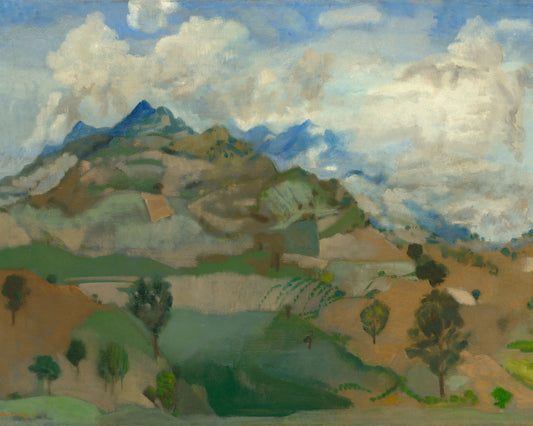 Painting of a landscape with green hills, trees, and a blue sky with clouds.