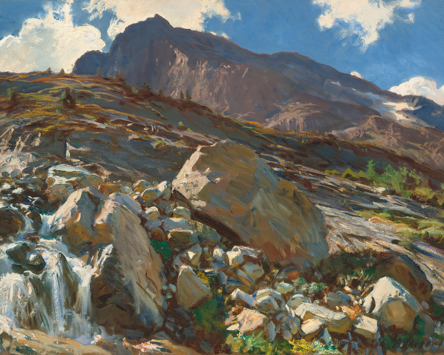 Painting of a mountain landscape with rocks, water, and blue sky.