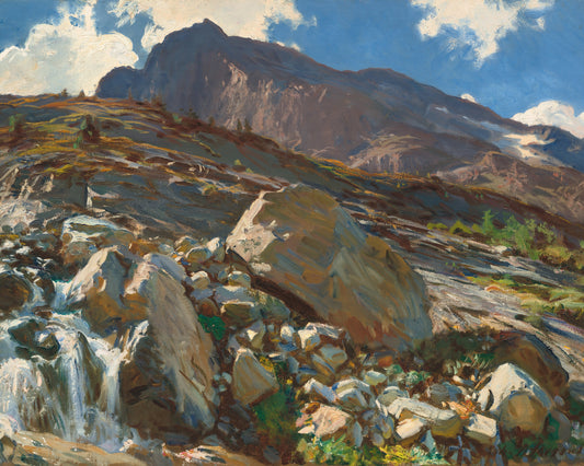 Painting of a mountain landscape with rocks, water, and blue sky.