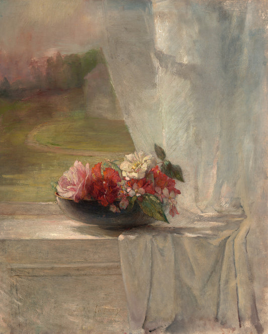 Still life painting of flowers in a vase with draped curtains and landscape in the background