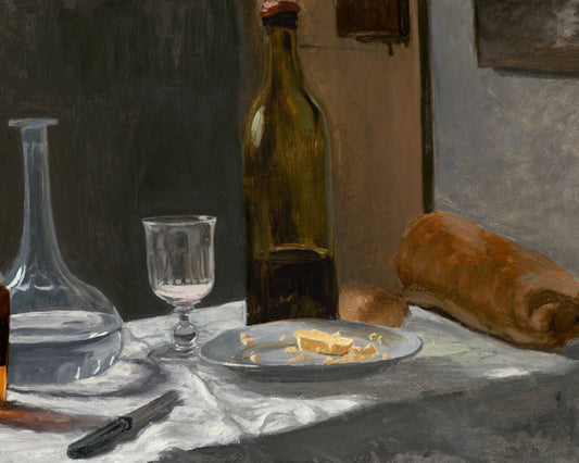 Still life scene with bottles, a glass, and bread on a table.
