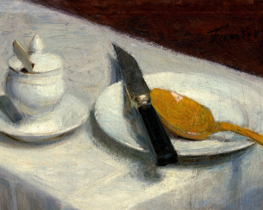 Still life painting with a teacup, spoon, and knife on a textured surface.