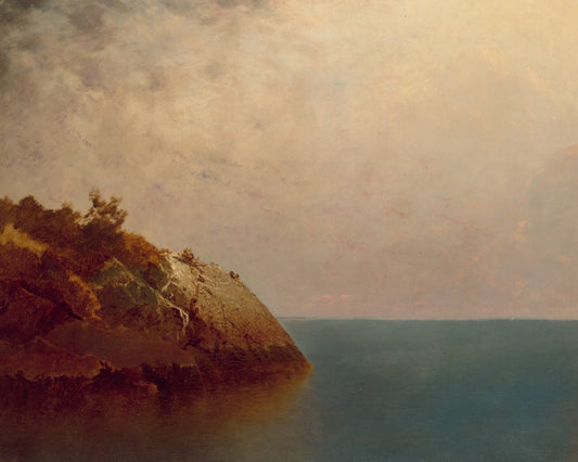 Landscape painting of a rocky shore with ocean and cloudy sky