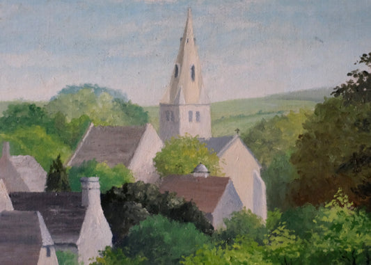 Bridge & Village, Oil on Board Painting