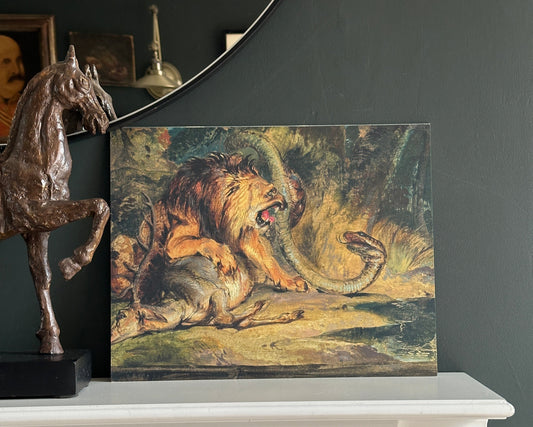 Artistic depiction of a lion and a creature on a dark wall.