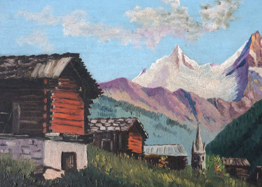 Mountain Lodge, Oil On Board