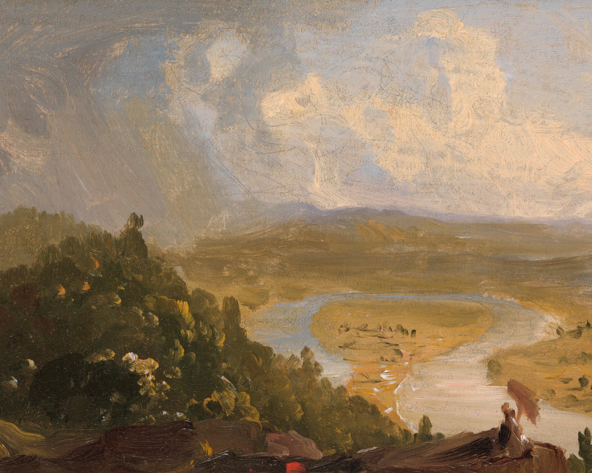 Landscape painting of a river valley with trees and people, featuring a cloudy sky.