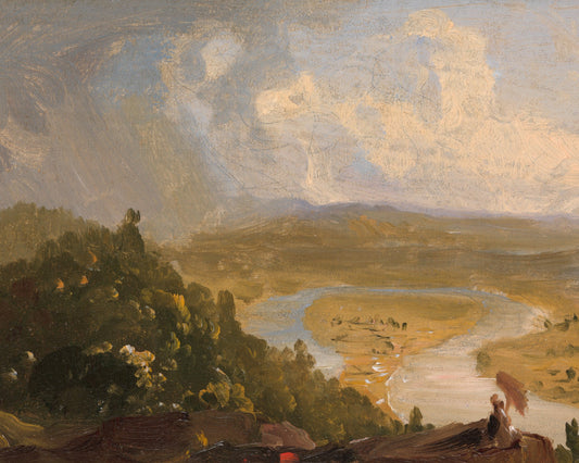 Landscape painting of a river valley with trees and people, featuring a cloudy sky.