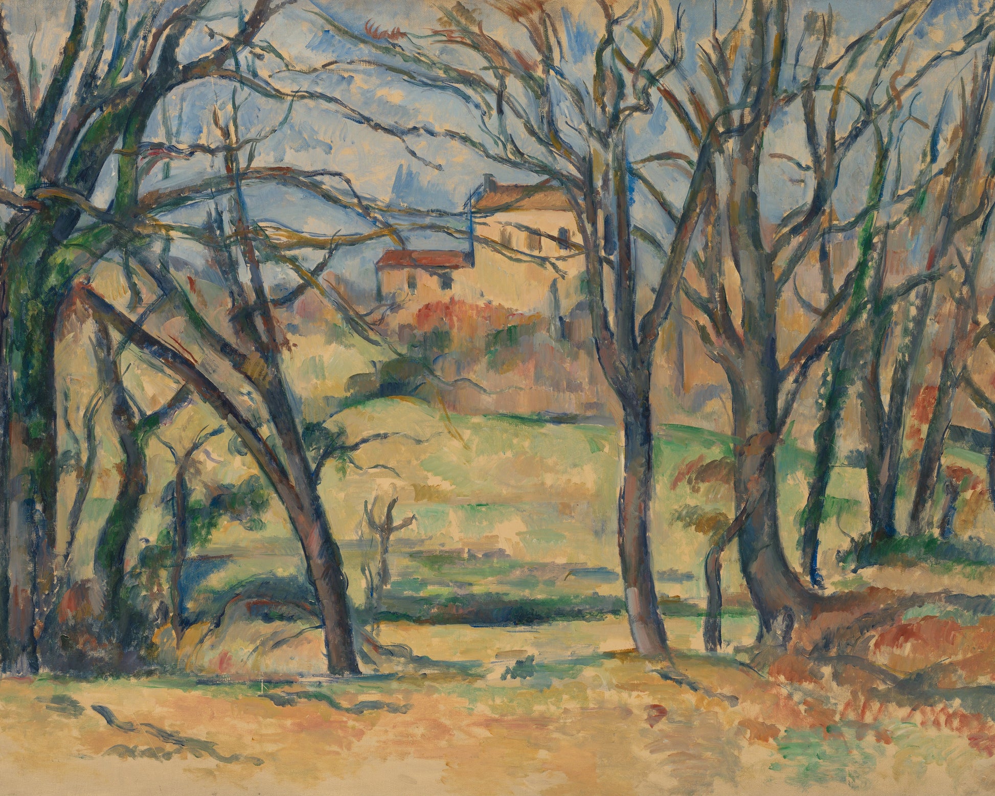 Painting of a landscape with trees and a house in the distance