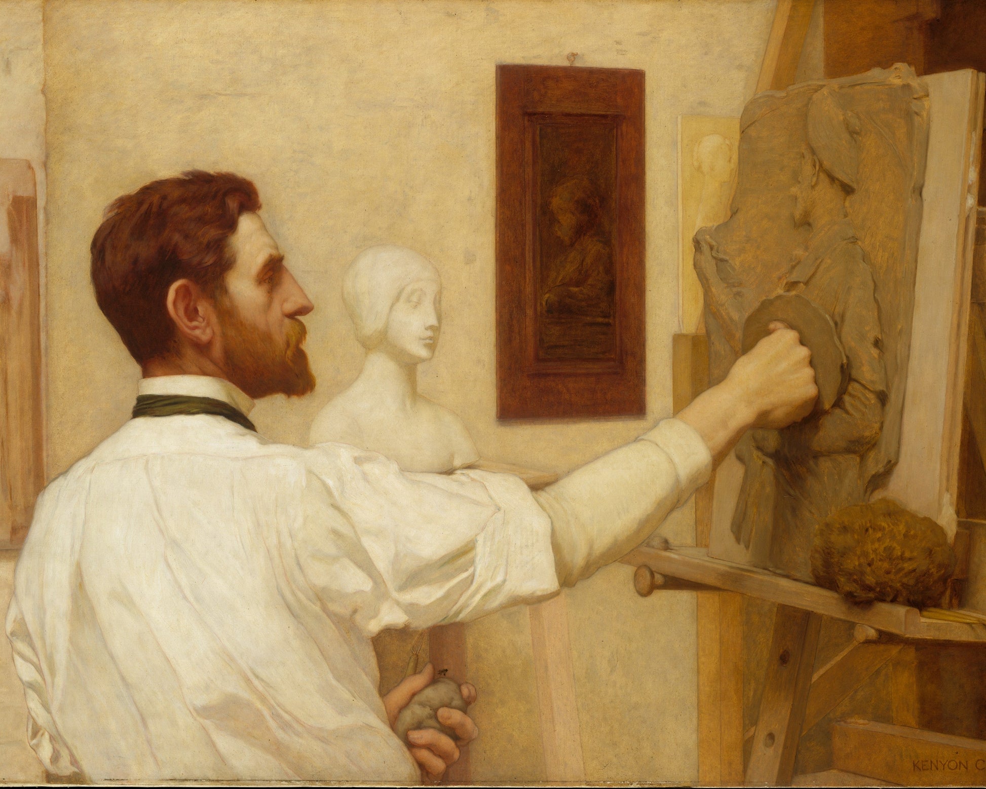 Painting of a man working on a sculpture in a studio setting.