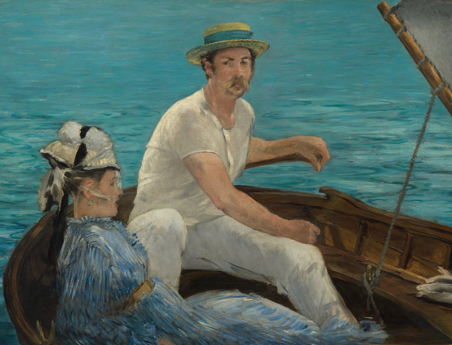 Painting of a man and woman in a boat on water