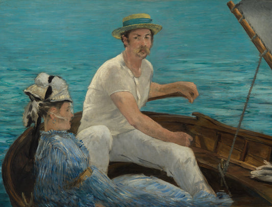 Painting of a man and woman in a boat on water