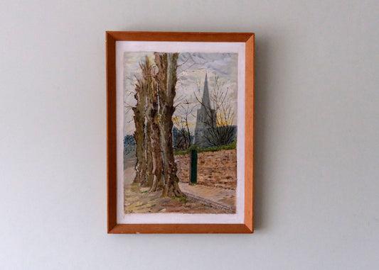 Trees And Church Painting | Oil On Board