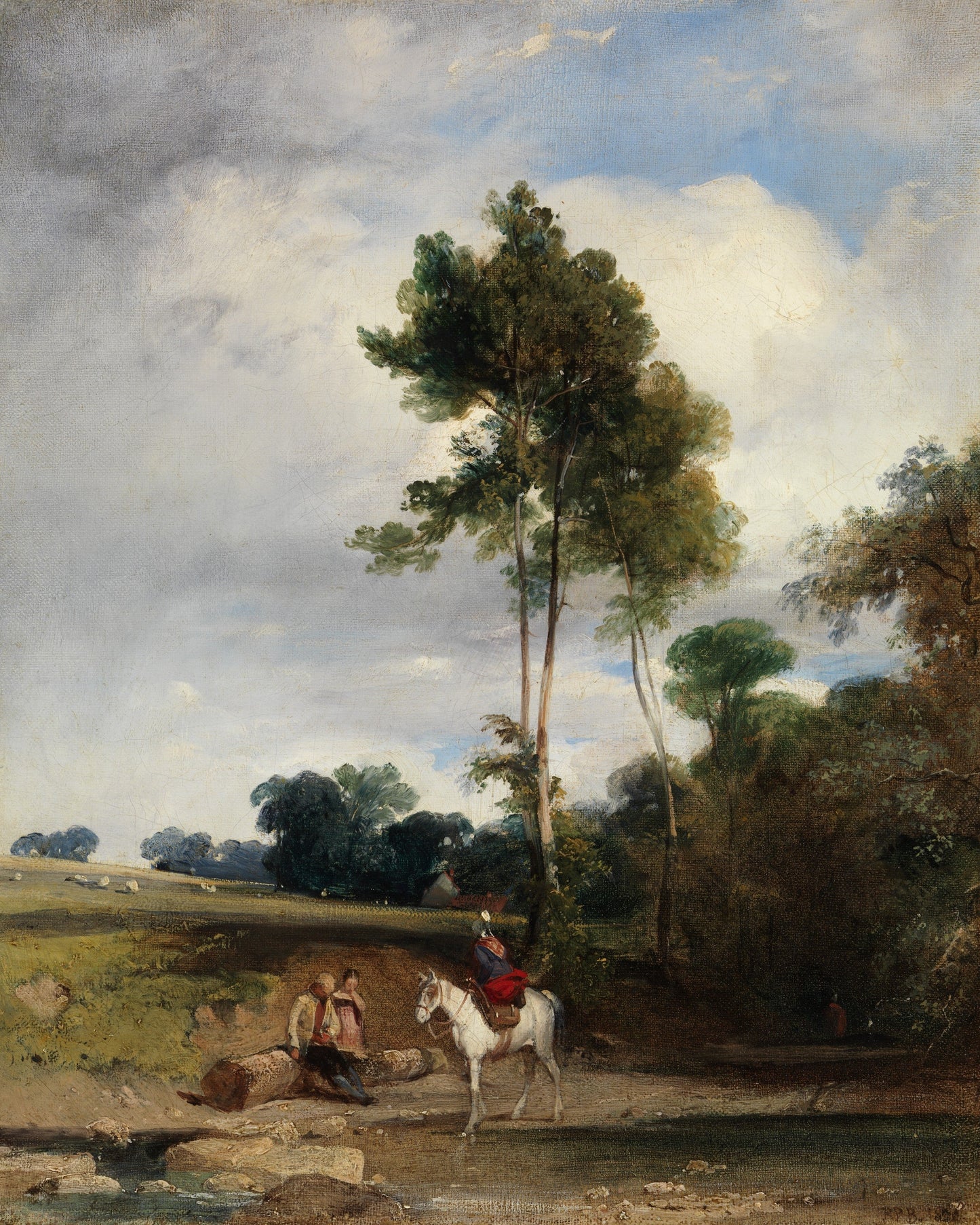 Landscape with figures by a tree, featuring a horse and people in a natural setting.