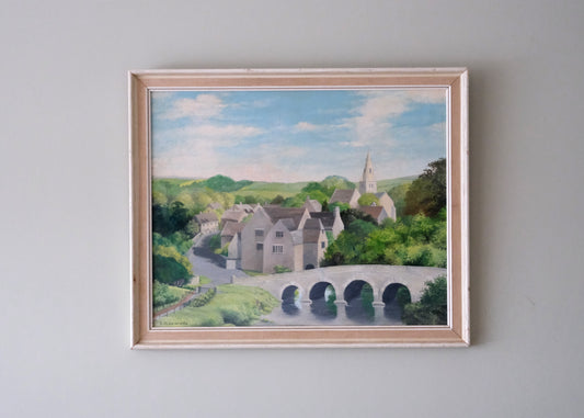 Bridge & Village, Oil on Board Painting
