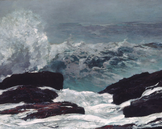 Painting of turbulent ocean waves crashing against rocks