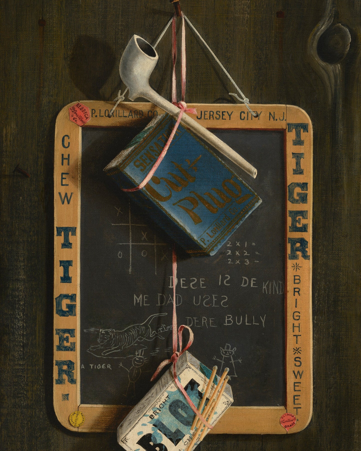 Vintage tobacco products including a can and packages on a dark background with 'Chew Tiger' branding.