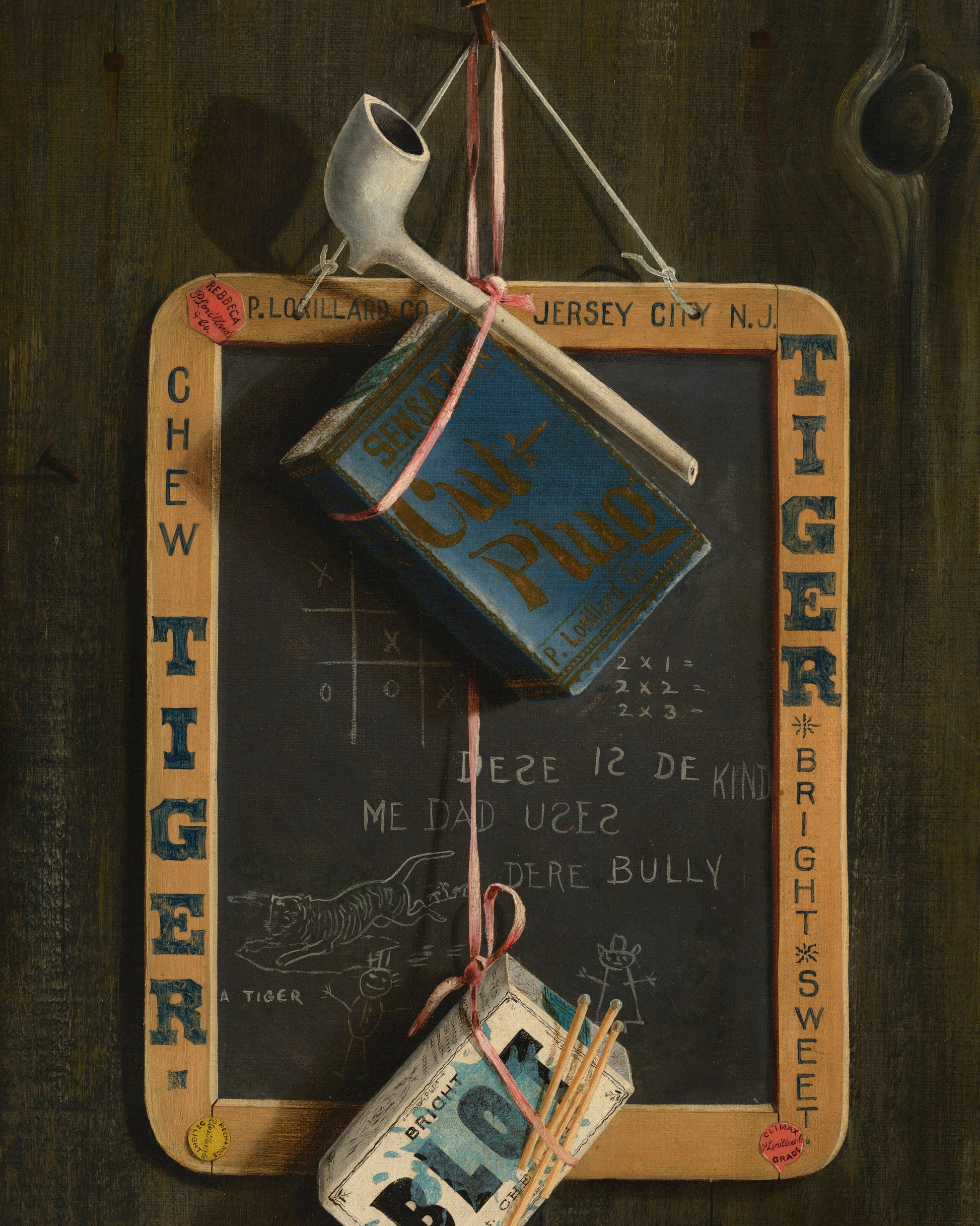 Vintage tobacco products including a can and packages on a dark background with 'Chew Tiger' branding.
